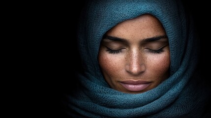 Fototapeta premium A woman wearing a blue headscarf with her eyes closed