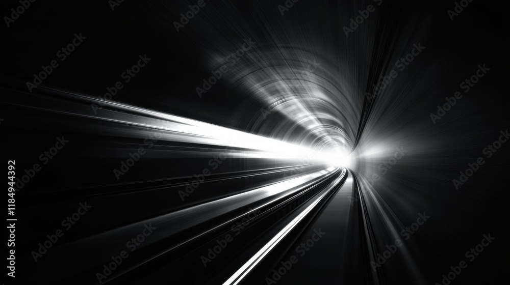 Poster a dynamic view of a tunnel with blurring lights leading to a bright exit, creating a sense of speed.