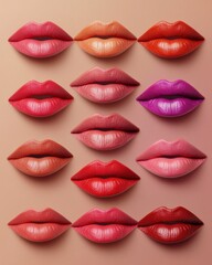 Obraz premium A stunning display of diverse lip colors on a soft background, showcasing beauty and elegance.