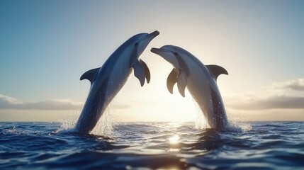 Fototapeta premium Two dolphins jumping out of the water in the ocean