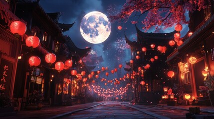 Obraz premium Enchanting night scene with red lanterns, a full moon, and vibrant fireworks lighting up an ancient street.