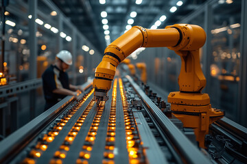 A robotic arm placing parts onto a conveyor belt as workers monitor the process, illuminated by bright overhead lights. bright lighting, contrast