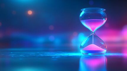 A futuristic hourglass with glowing sand representing time and innovation set against a bright background with blurred space on the side conveying a sense of opportunity and limitless potential

