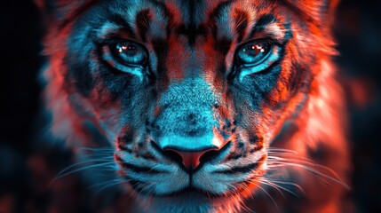 Close-up portrait of a vibrant, colorful,  fierce looking cat with intense eyes.