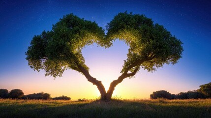Obraz premium A heart shaped tree in the middle of a grassy field at sunset
