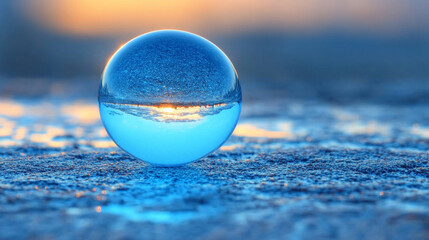 A shiny glass orb on a blank surface, reflecting distorted light, symbolizing perspective and chaos, with empty caption space on the side, inviting contemplation