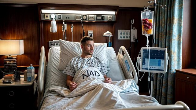 Man Receiving NAD IV Drip Therapy Enriched with Vitamins and Minerals in a Luxury Hospital or Hotel Room