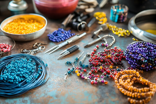 A jewelry-making station with tools, wire, and colorful beads spread out on a table