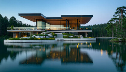 Obraz premium A contemporary home on the edge of a serene lake, featuring an elegant mix of concrete, glass, and w
