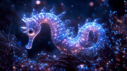 In a magical underwater realm, a seahorse with a sparkling crystal body glides gracefully through colorful coral, illuminating the sea floor with enchanting light as twilight casts a serene glow