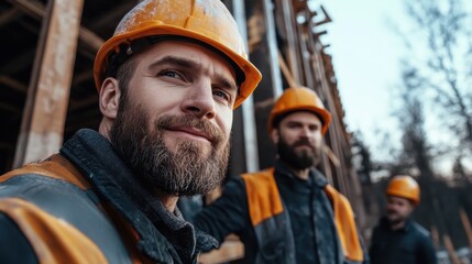 Three construction workers wearing helmets pose confidently at a building site, representing hard work, teamwork, and the spirit of construction industry today.