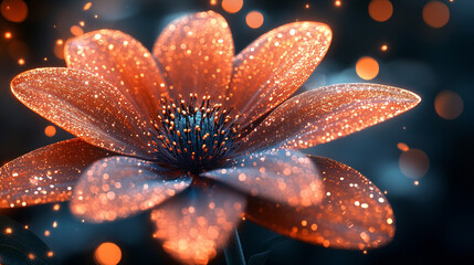 Fototapeta premium Glowing ethereal flower with sparkling particles radiating elegance and mystery blurred caption space on the side representing life energy growth and the delicate balance of nature