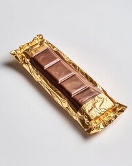 A close-up of a chocolate bar wrapped in shiny gold foil, showcasing its smooth surface and rectangular shape.