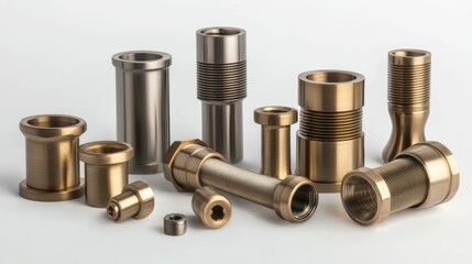 Metal tubes, cylinders, and connectors arranged on white.