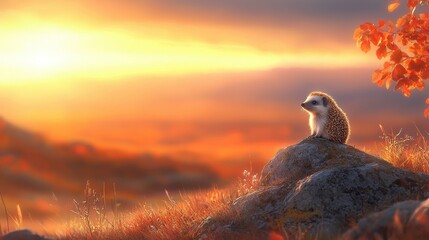A hedgehog sitting on top of a rock in a field