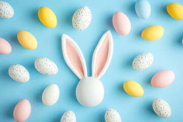 Easter party concept. Top view photo of easter bunny ears white pink blue and yellow eggs on isolated pastel blue background with copyspace in the middle