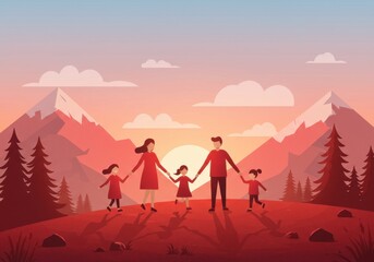 Family enjoying a peaceful mountain sunset together in nature