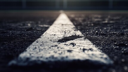 Close-up view of a painted line on an outdoor sports court, capturing texture and details of the surface.