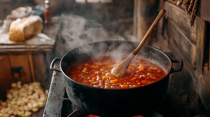 Ladle serving rich, hot soup from a pot with steam rising in a rustic kitchen