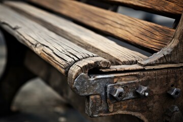 Wooden bench planks and metal frame showing signs of weathering, decay, and rust