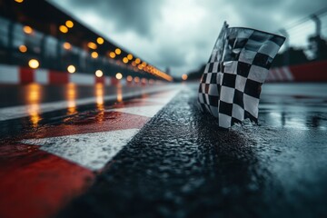 A close-up view of a checkered race flag on a wet racetrack, with dramatic clouds overhead.