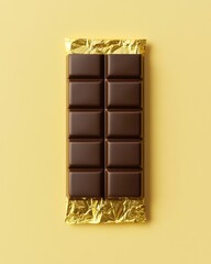 Obraz premium A delicious dark chocolate bar wrapped in gold foil, set against a bright yellow background.