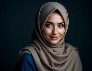 Naklejka premium Portrait, young woman, hijab, beige headscarf, blue top, warm smile, soft lighting, expressive eyes, dark background, studio photography