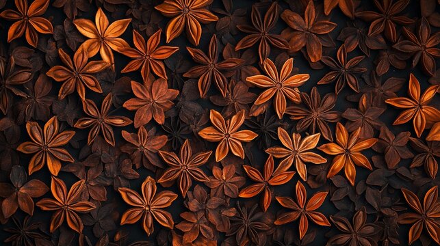 Close-up view of many star anise spice spice patterns arranged densely on a dark background.