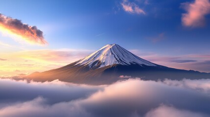 Fototapeta premium A mountain covered in snow and clouds at sunset