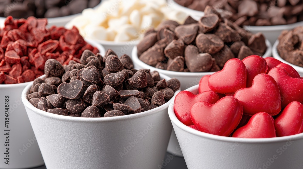 Poster A variety of chocolates in white bowls with red and white hearts