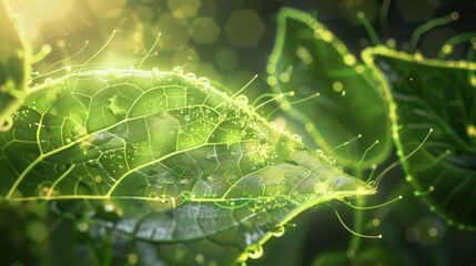 Close-up of vibrant green leaves with dew, showcasing nature's beauty and detail.