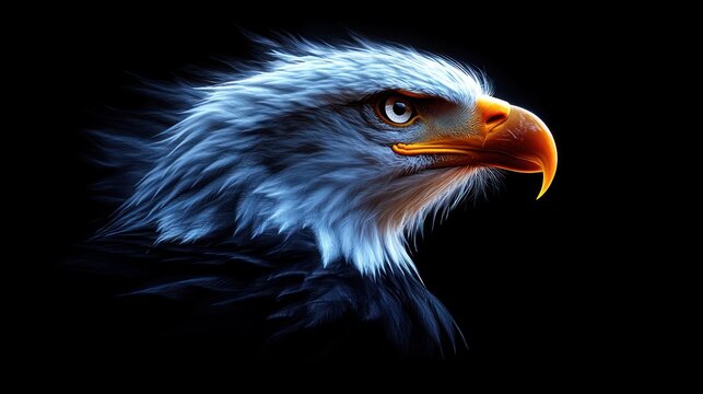 Close-up profile view of a majestic bald eagle, head and neck, with vibrant blue-gray plumage, highlighted by dramatic lighting against a black background, showcasing strong, focused gaze.