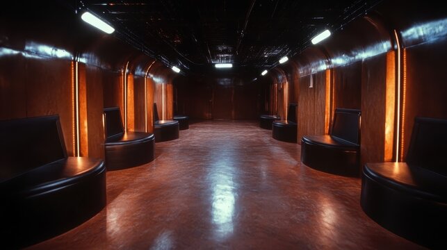 An empty, sleek interior space featuring polished surfaces and illuminated accents, conveying a sense of modernity and minimalism, perfect for understanding futuristic design elements.