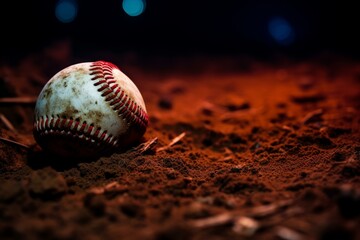 Worn baseball lying on the infield dirt of a baseball field at night, illuminated by stadium lights