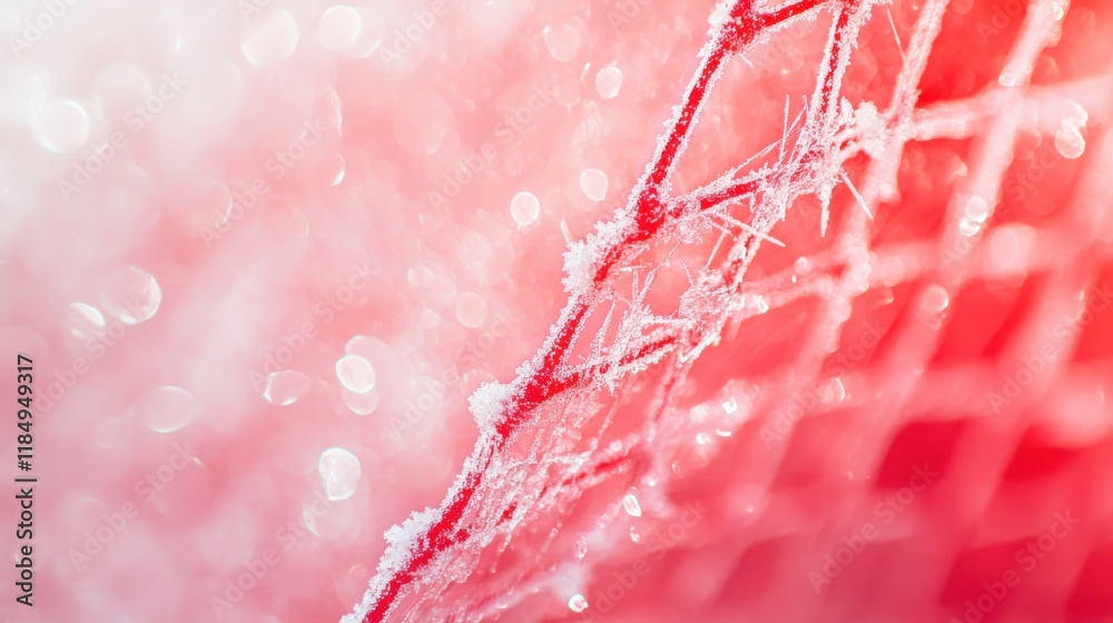 Poster a close-up of frosted netting with a soft red background, capturing the intricate ice crystals and b