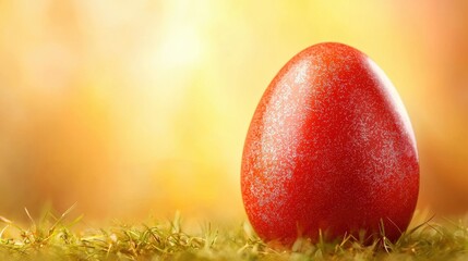 A red easter egg sitting on top of a lush green field