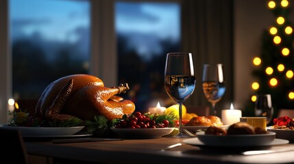 Fototapeta premium A table with a large turkey, a glass of wine