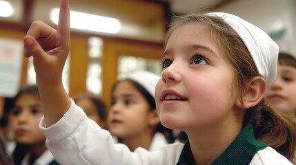 A young girl in a classroom raises her hand, eager to participate in learning.
