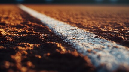 Close-up of a tennis court line, showcasing the rich texture of the clay surface in warm sunlight.