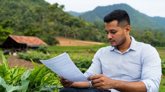 A man is sitting in a field and reading a piece of paper