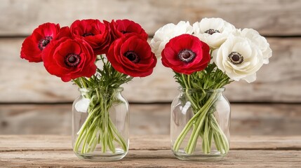 Obraz premium Two vases filled with red and white flowers on a wooden table
