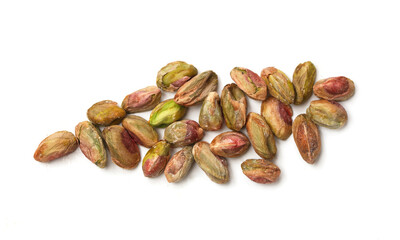 set of shelled pistachios on white background