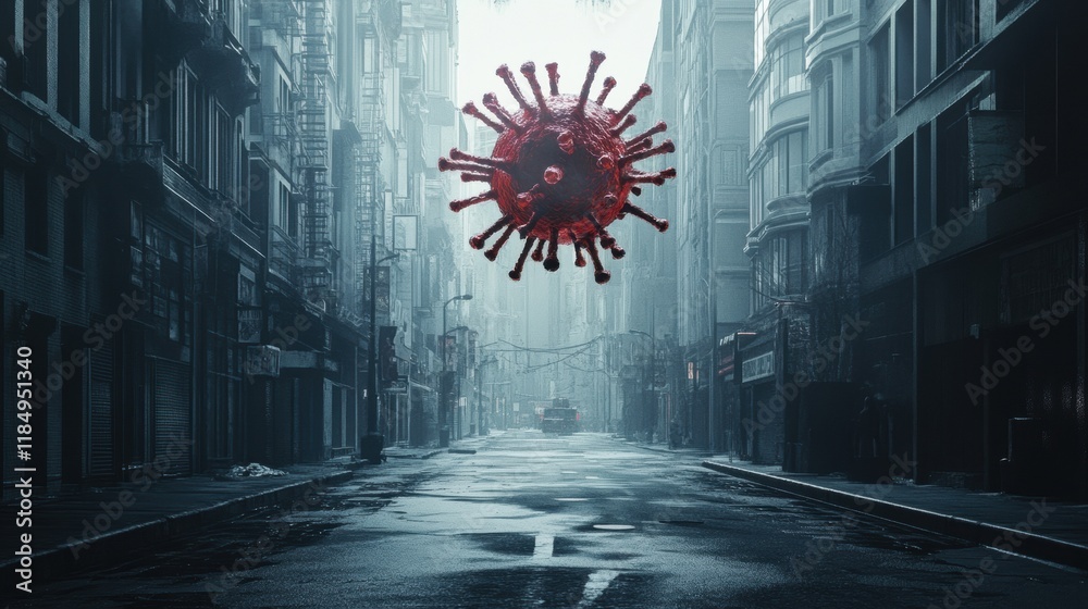 Poster urban street devoid of life featuring a large symbolic virus motif floating above the ground during 