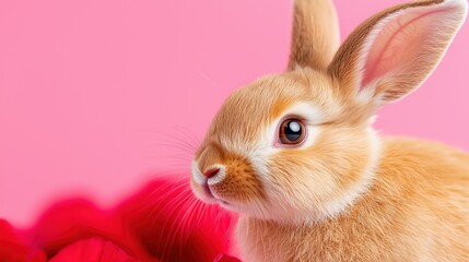 Obraz premium A small brown rabbit sitting next to a red flower
