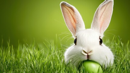 A white rabbit with a green ball in its mouth