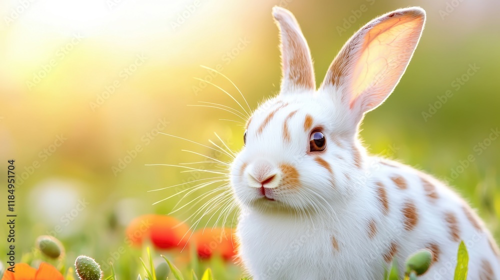 Wall mural A white and brown rabbit sitting in a field of flowers