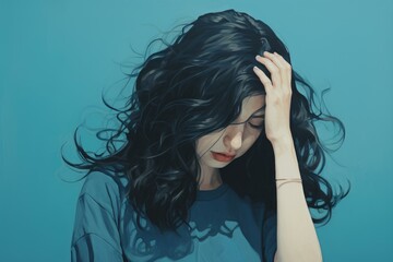 Obraz premium Sad woman with long dark hair holding her head against a vibrant blue background, expressing feelings of loneliness and despair