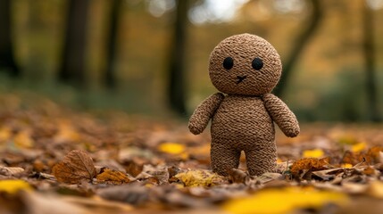 A small stuffed toy is standing in the leaves