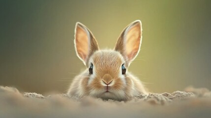 Obraz premium A small brown rabbit peeking out of the sand