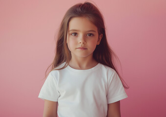 Fototapeta premium Portrait of a little brunette girl in white t-shirt. Can be used as a t-shirt mockup for your design, print or lettering 
